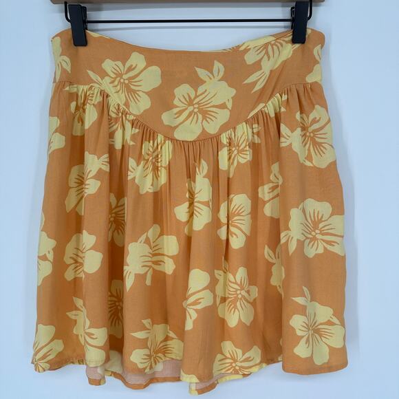 Abound Drop Waist Orange Yellow Tropical Hibiscus Floral Mini Skirt Summer Small - Picture 1 of 6